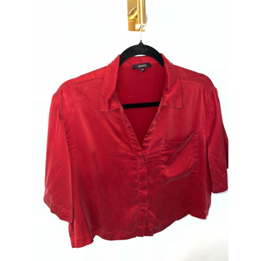 Quince 100% Silk Pajama Set Cropped Top Washable Wide Leg Pant Lounge Red Medium - Picture 3 of 10